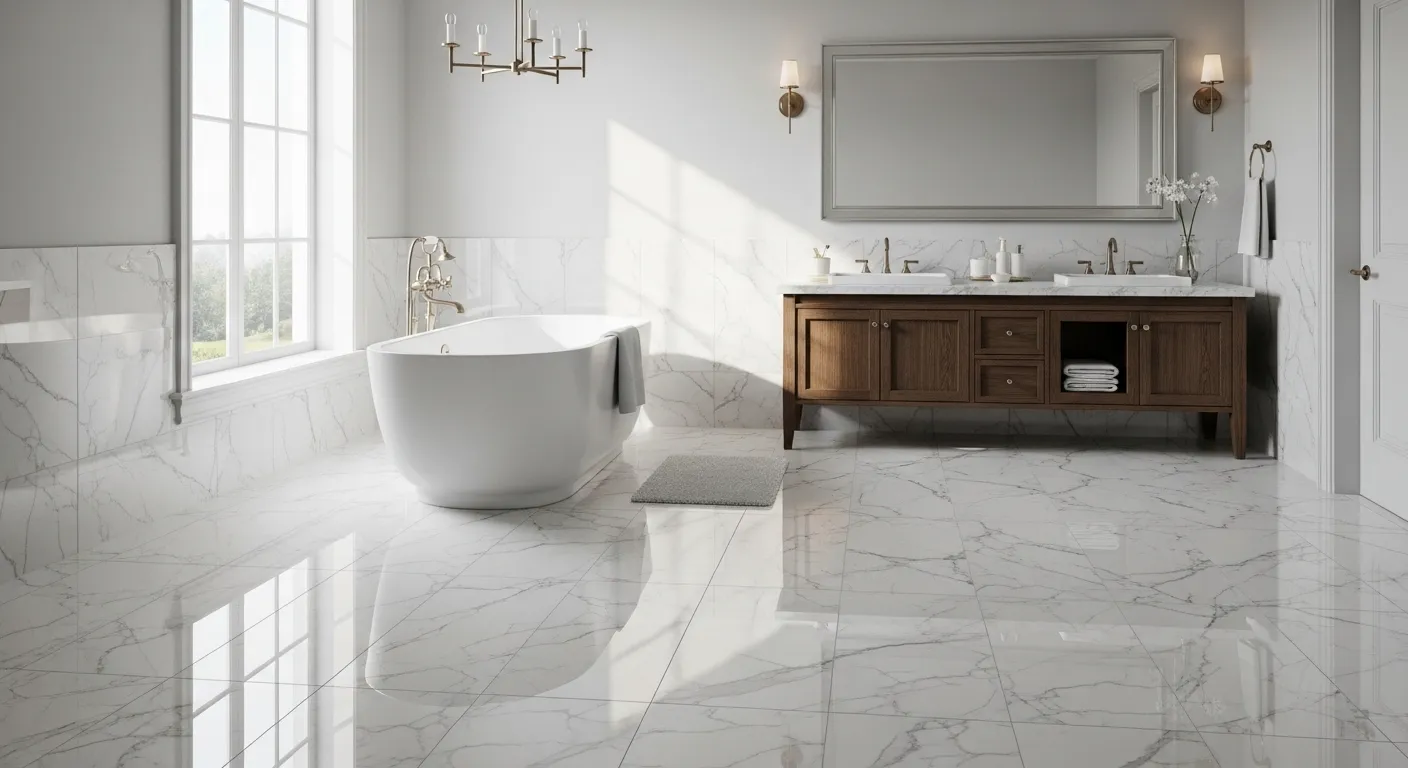 Detalhe do porcelanato acetinado em piso residencial moderno