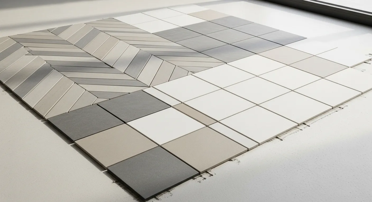 Profissional aplicando piso cerâmico amadeirado durante etapa de acabamento da obra