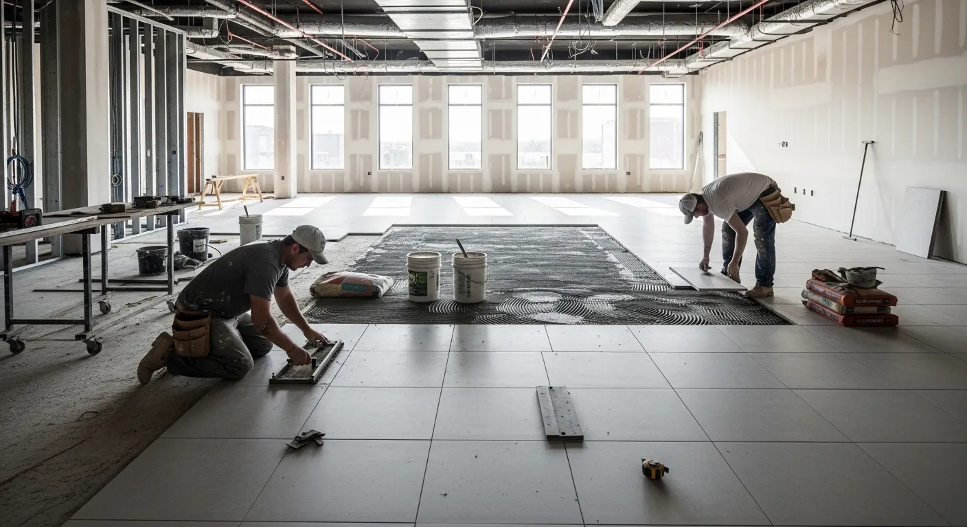 Profissional aplicando argamassa para assentamento de piso cerâmico