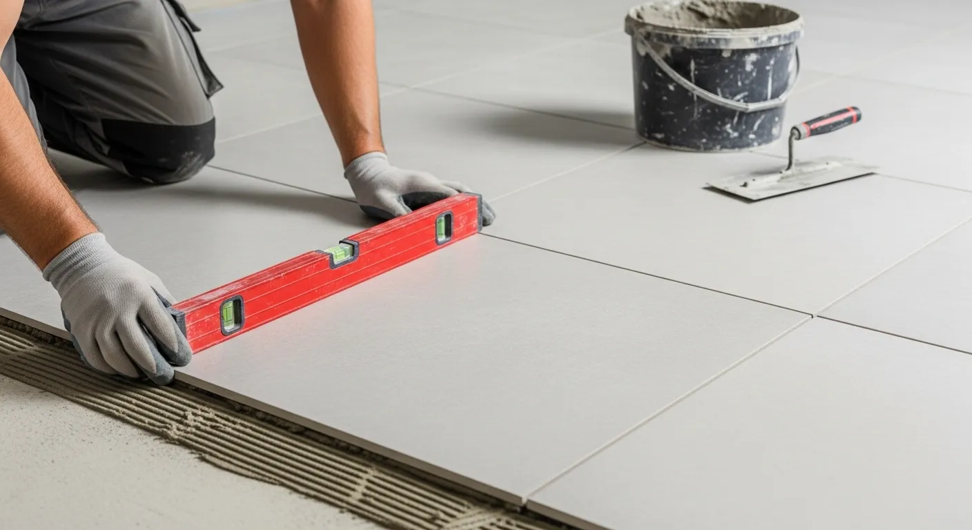 Assentamento e acabamento de cerâmica para piso em obra residencial